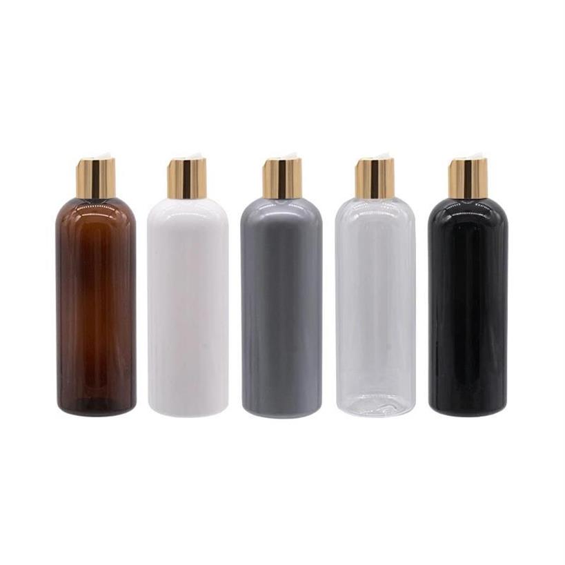 Frascos de armazenamento frascos 300ml vazio preto líquido sabonete loção recipientes de garrafa cosmética ouro disco de alumínio tampa superior metal cap3050