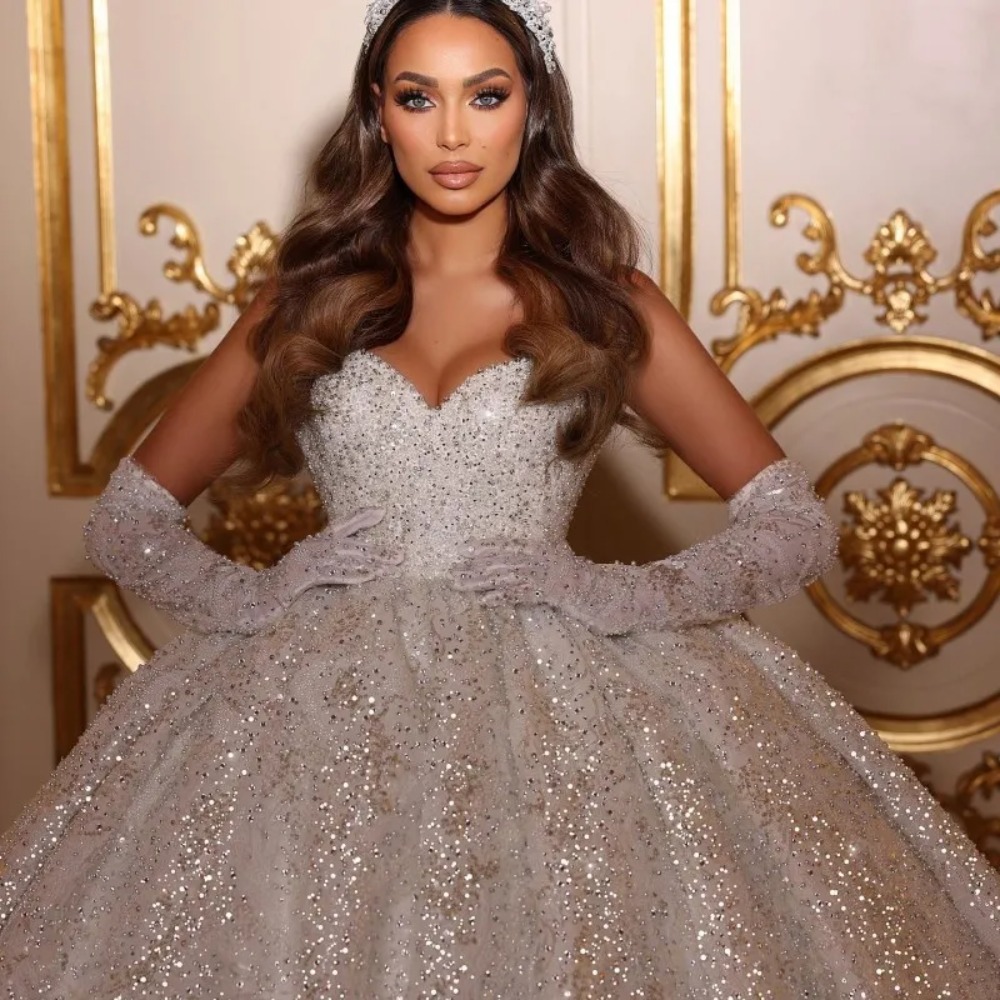 TOUNNINGBRIDE 2024 Elegant Shiny Sweetheart Neck Lace Ball Gown Wedding Dress Luxury Beading Appliques spetsprinsessan brudklänning Anpassad