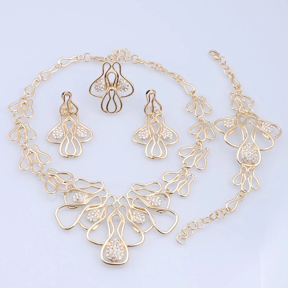 Women Italian Bridal Crystal Gold Color Irregular Necklace Earrings Bangle Ring Party Constume Jewelry Set