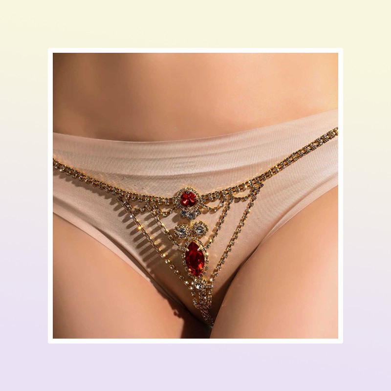 Luxury Red Love Rhinestone Sexig String Thong Pants Body Jewelry for Girl Crystal Charm Body Midje Chain Bikini Underwear Panties P8820525