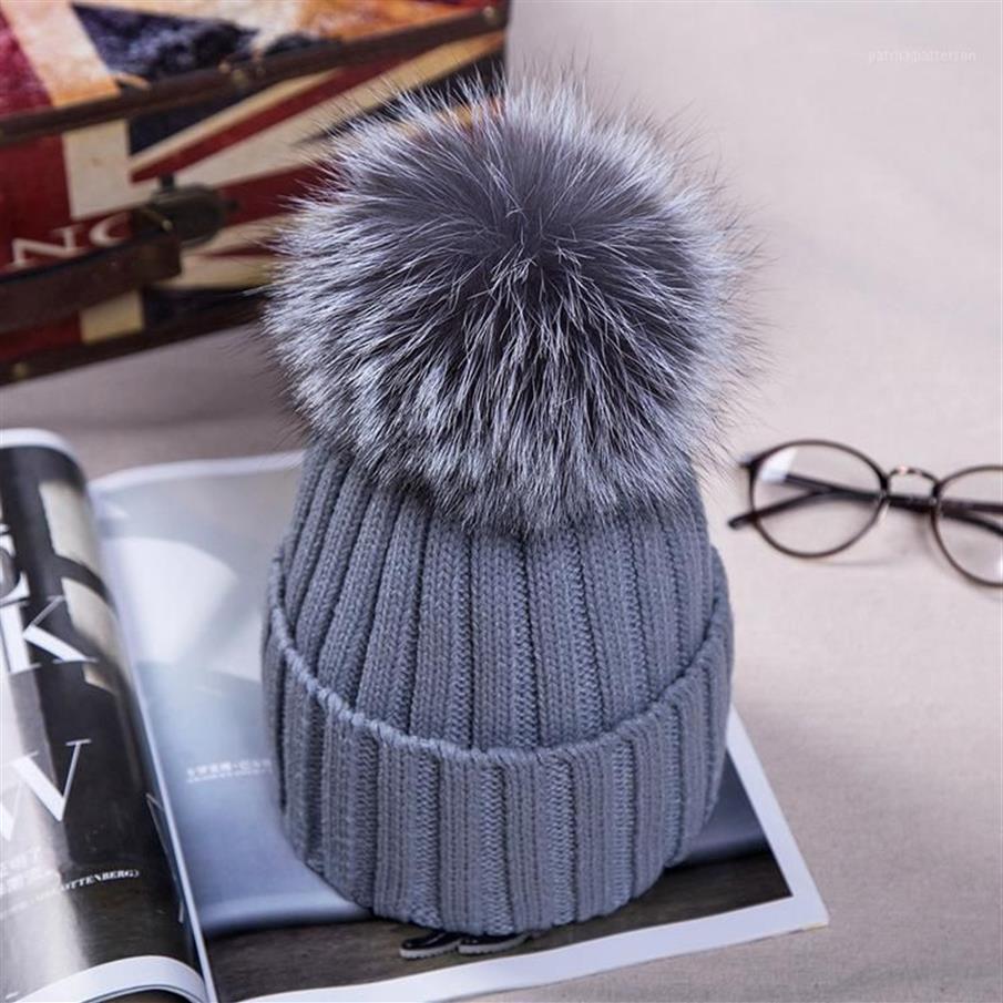 15 cm Real Fur Ball Cap Pom Pom Chapeau d'hiver pour les femmes de coton en laine en laine de laine