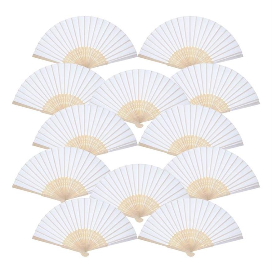 12 Pack Handhöll fans Fest Favor White Paper Fan Bamboo Folding Fans handhållna vikta för Church Wedding Gift217e