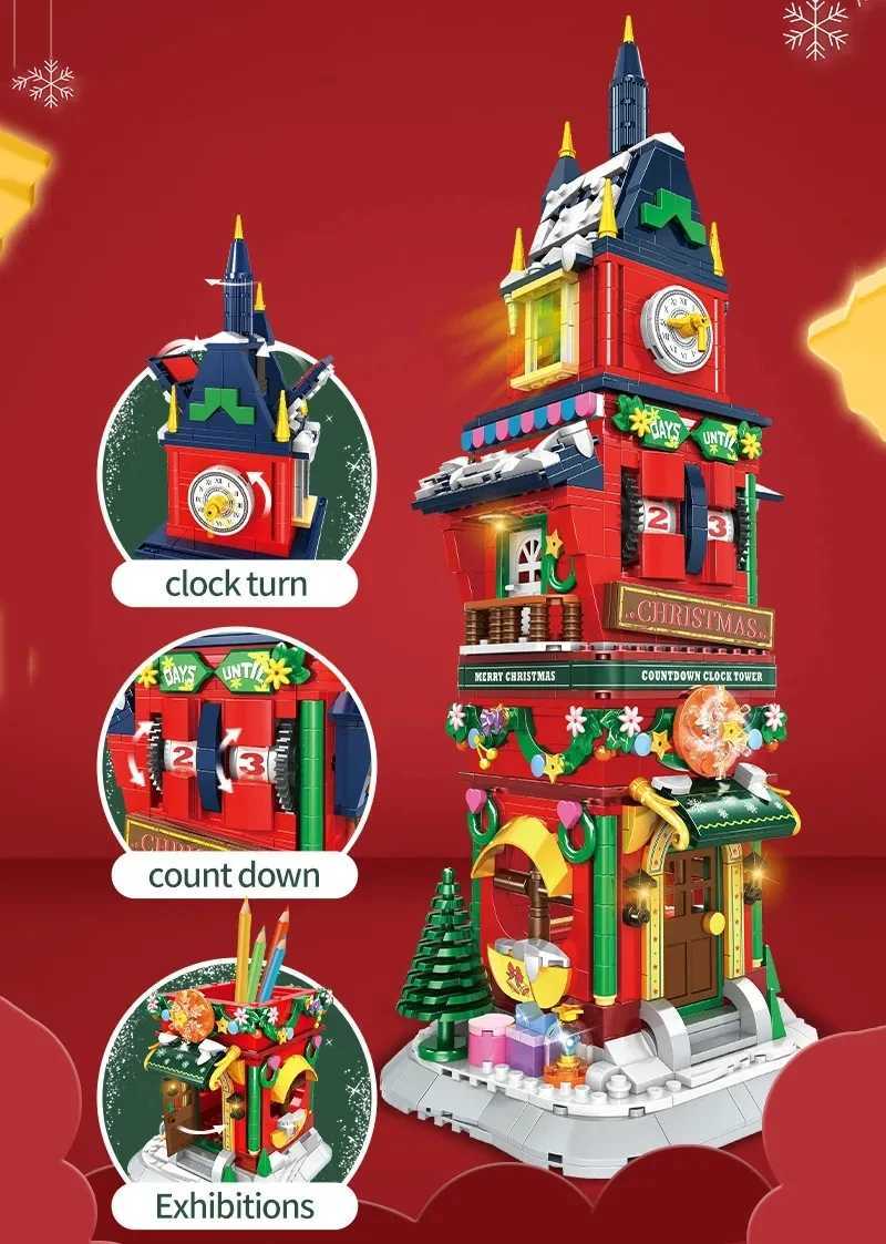 Pojazdo zabawki 2023 Creativity Winter Village Wigilna Ewa Odlicz Model Tower Building Bloks Bricks Toys Christmas Giftl231114