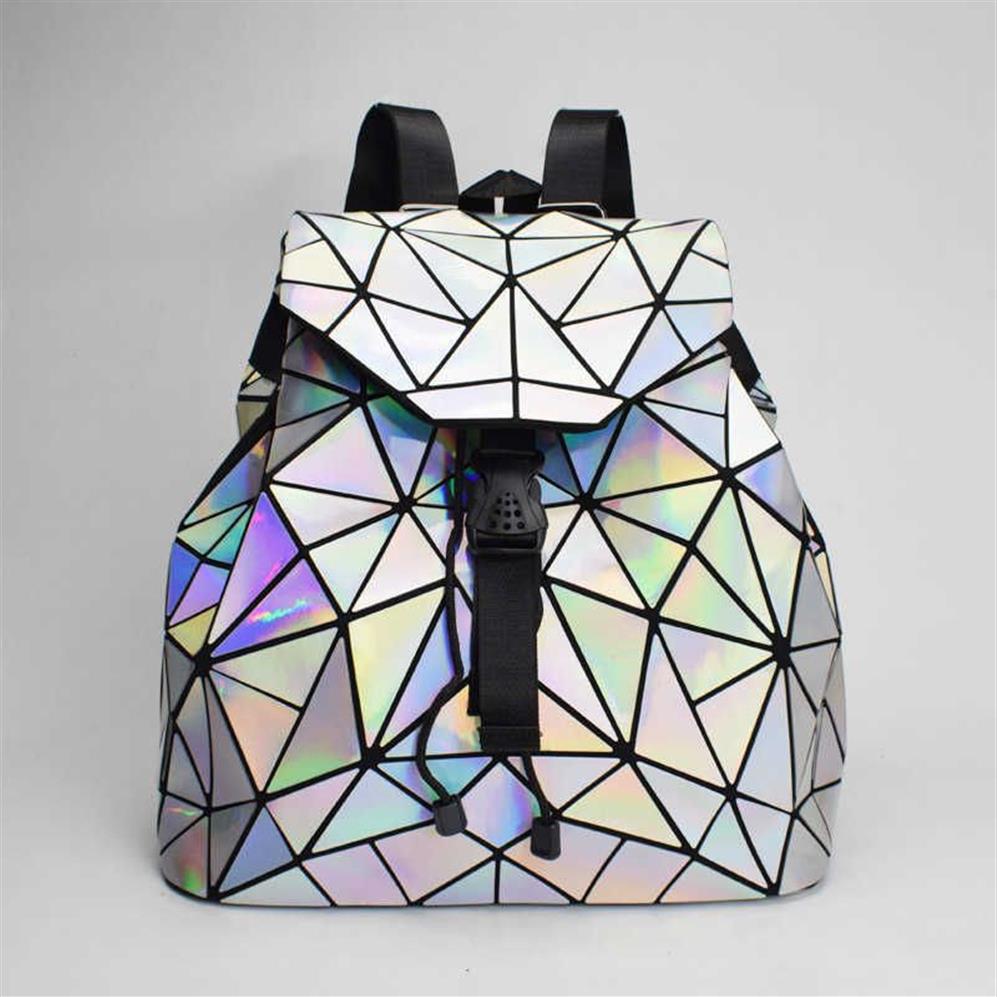 Fashion Women Trawstring sac à dos Géométrique Femelle Sac à dos pour les adolescentes Bagpack Holographic Dames Bao School Bag SAC280Q