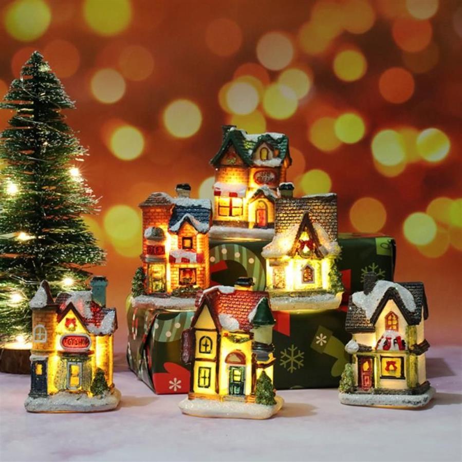 Christmas Decorations Resin House Ornament Micro Landscape LED Light Xmas Village Decorative Party Home Decoration Gift2442