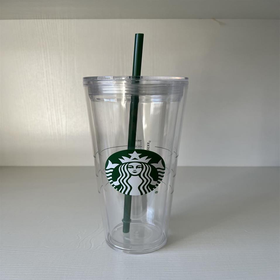 24oz Starbucks Mermaid Mug Tumblers Transparenta dubbelskikt Plastisk återanvändbar kopp med lock och halm202m