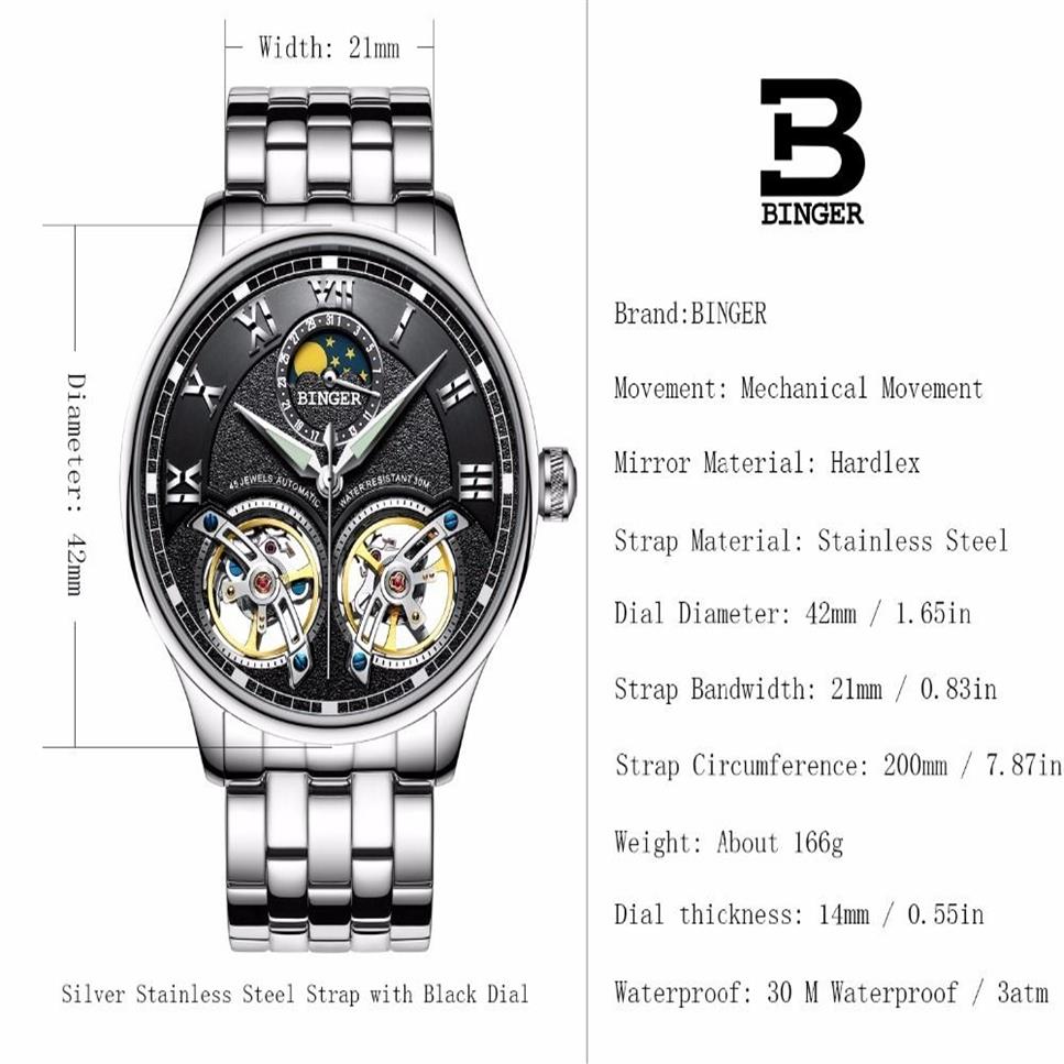 Двойные швейцарские часы Binger Оригинальные мужские автоматические часы с автоподзаводом Модные мужские механические наручные часы из кожи Y1905150245J