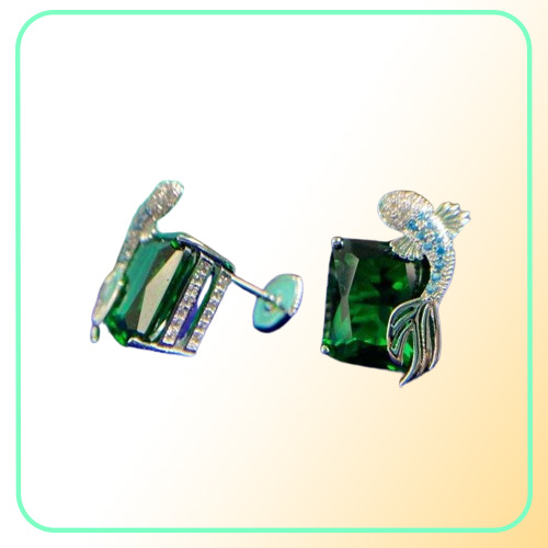 Brand Pure 925 Srebro dla kobiet zielone ryby Diamentowe kolczyki weselne Srebrna biżuteria biżuteria 2074173
