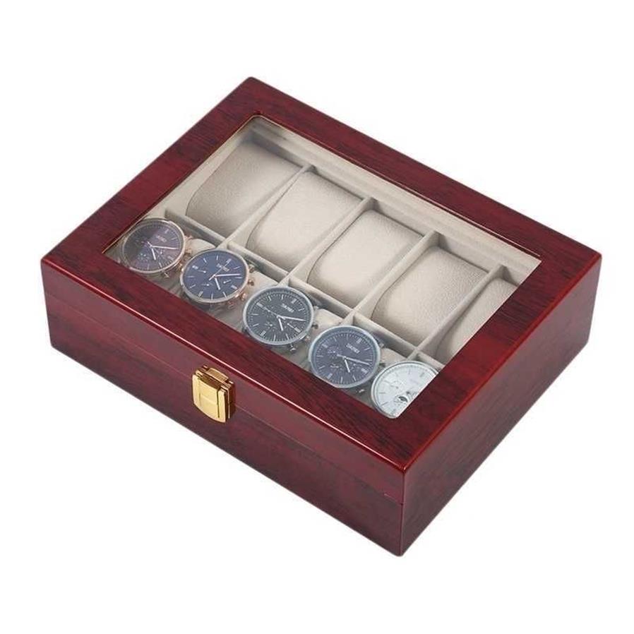 10 grilles rétro rouge en bois montre vitrine durable emballage titulaire bijoux collection stockage montre organisateur boîte cercueil T20052237a