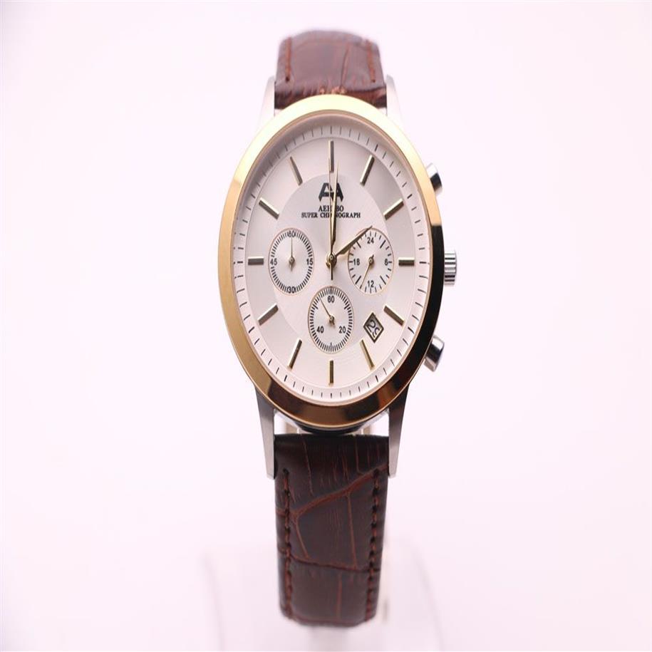 Men's Quartz Watch AEHIBO Three Eyes Multifunction Chronograph Calendar White Dial Gold Stainless Steel Case Brown Belt Clasp241c