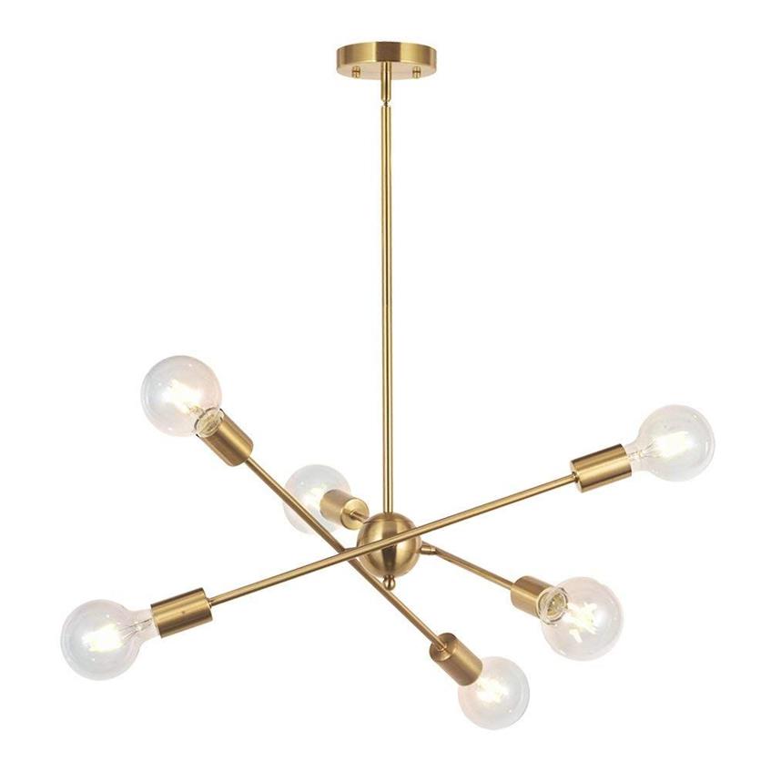 Lustre Sputnik moderno Iluminação 6 Luzes Lustre de latão escovado Meados do século Iluminação pendente Luminária de teto dourada para H272t