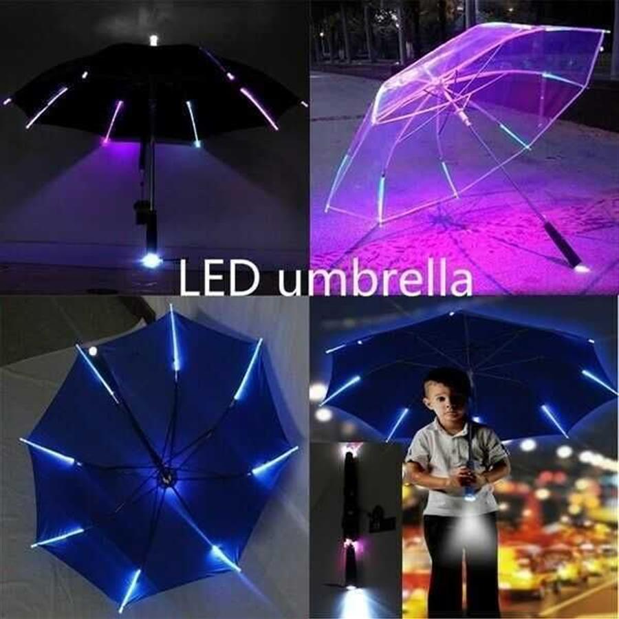 Parapluie Variable Cool avec LED, lumière à 8 nervures, Transparent avec poignée de lampe de poche, sécurité nocturne H1015211n