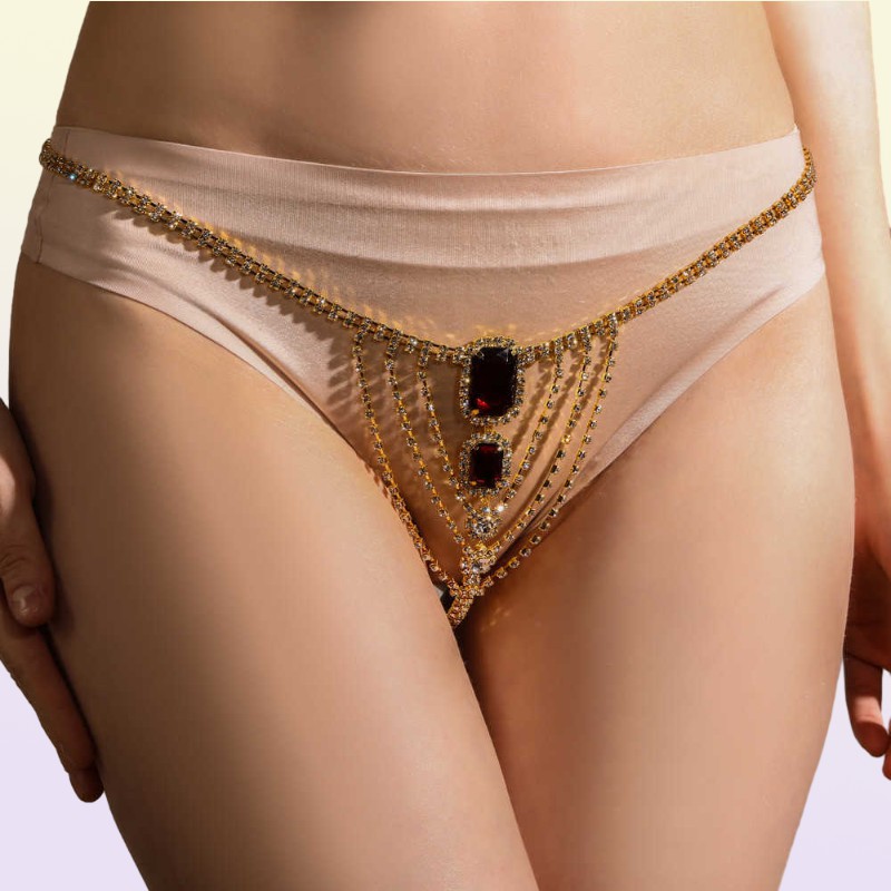 Luxuriöse rote Liebe Strass sexy String Tanga Hose Körper Schmuck für Mädchen Kristall Charme Körper Taille Kette Bikini Unterwäsche Höschen P4598405