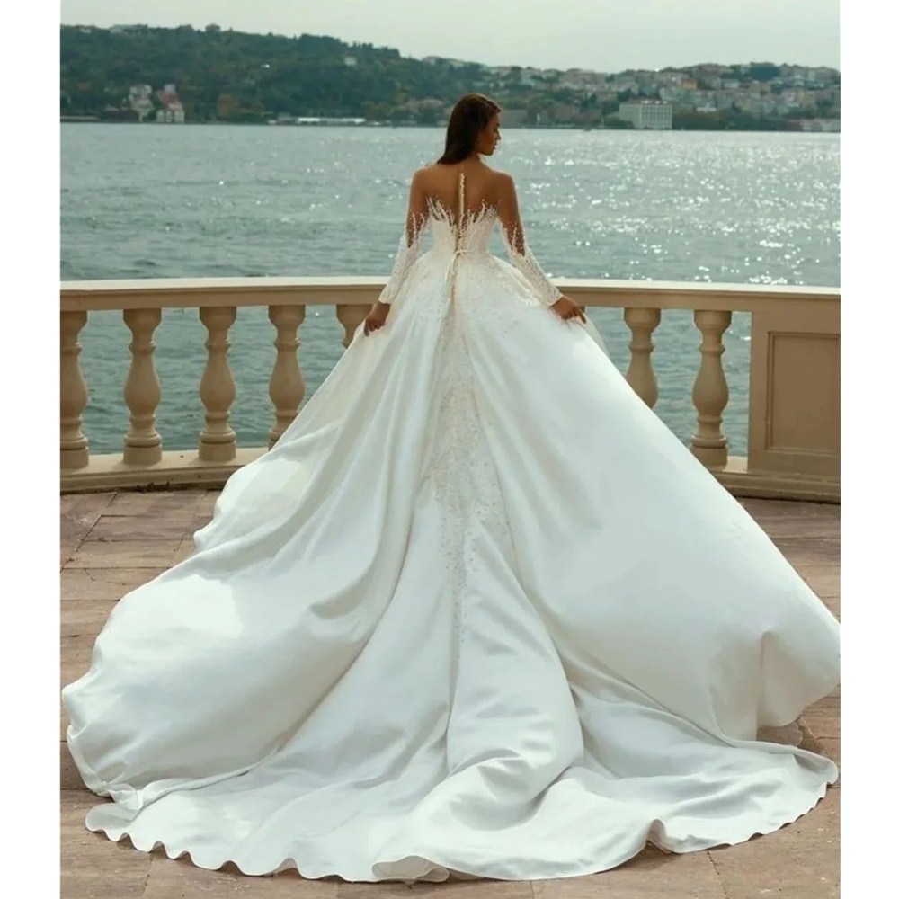 Arabic Dubai Pearls Wedding Dresses Mermaid Sheer Beading Bridal Gowns Custom Made Split Detachable Train Vestidos De Noiva YD