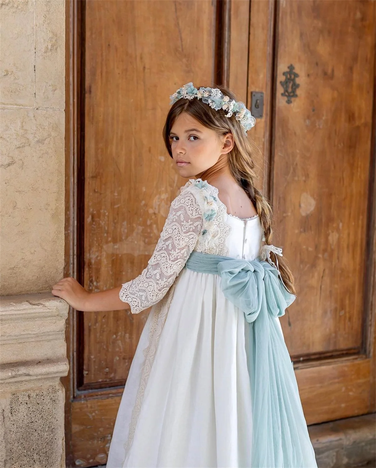 Robes longues vintage à fleurs pour filles, col bijou, en tulle, manches longues, appliques en dentelle, ligne A, longueur au sol, sur mesure pour fête de mariage