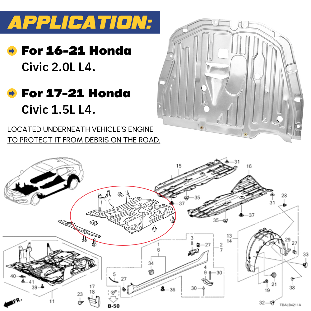 74110-TBA-A00 Engine Splash Guard Under Car Shield Cover Board For 16-21 Honda Civic 1.5L 2.0L L4 PQY-BMP14S