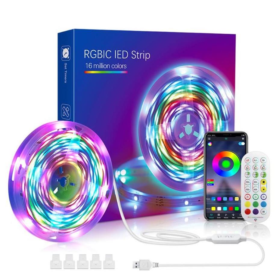 Bandes LED bande lumineuse Bluetooth USB alimenté lumières avec télécommande Vocie RGBIC couleur changeante rétroéclairage TV pour la décoration de la maison 215z