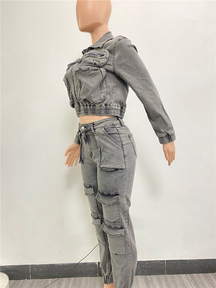 2024 Designer Denim Survêtements Deux Pièces Ensembles Femmes Automne Hiver Sweatsuits À Manches Longues Veste En Jean Pantalon Poches Jeans Vintage Tenues En Gros Vêtements 10427