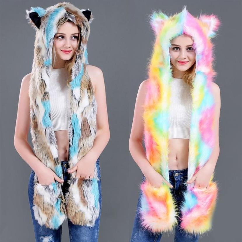 Boinas Mujeres 3 en 1 Sombrero de animal peludo Bufanda Guantes Mitones Sudadera con capucha de felpa colorida Paws326P