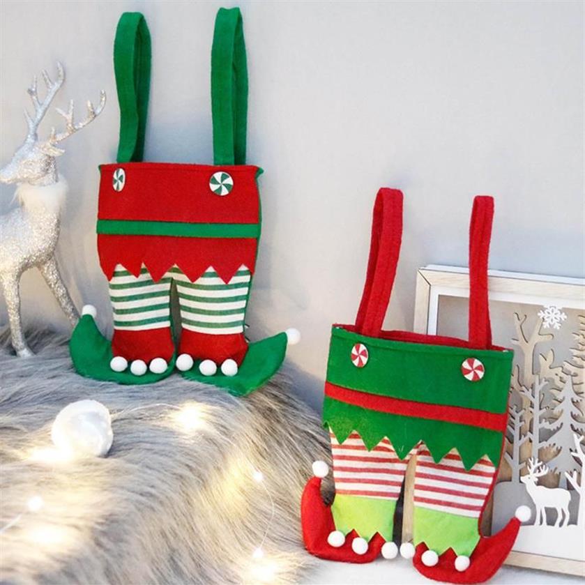 Dekoracje świąteczne Elf Spodnie Candy Gift Torba z zieloną spódnicą i pasiastkimi stadiami mały do ​​dzieciaka na imprezę su220l