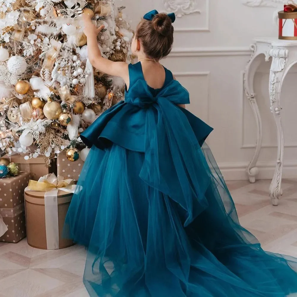 Elegante longo flor menina vestidos jóia pescoço cetim sem mangas vestido de baile até o chão feito sob encomenda para festa de casamento