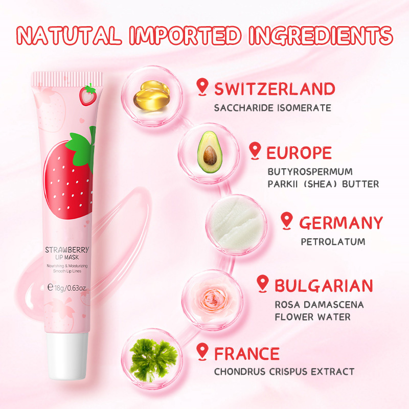 Feuchtigkeitsspendende Erdbeer-Lippenmaske, nährende glatte Lippenlinien, feuchtigkeitsspendender Lippenbalsam, Make-up, erfrischende Textur, Lippenpflege, Lipgloss-Kosmetik