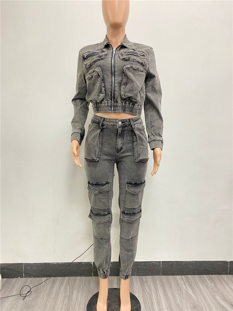 2024 Designer Denim Tracksuits Two Piece Sets Women Fall Winter Sweatsuits Long Sleeve Denim Jacket Pants Pockets Jeans Vintage Outfits Wholesale Clothes 10427