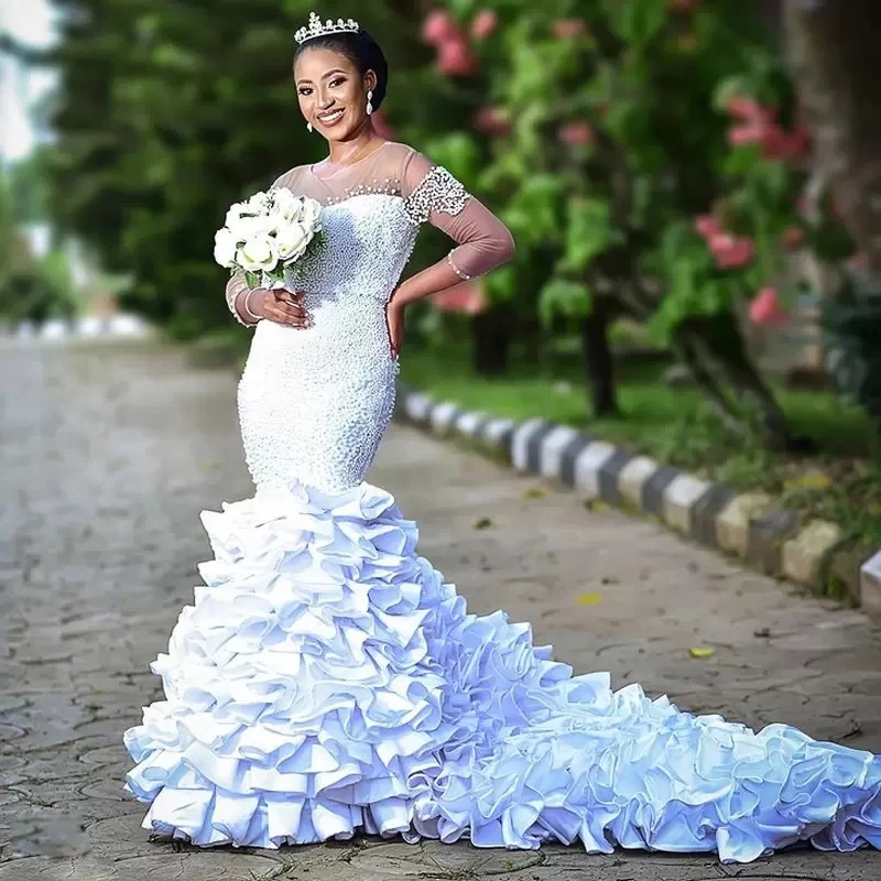 Luxury Pearls Mermaid Wedding Dress 2024 Sheer Neck Three Quarter Sleeve Ruffles Bridal Gowns African Vestidos De Noiva YD