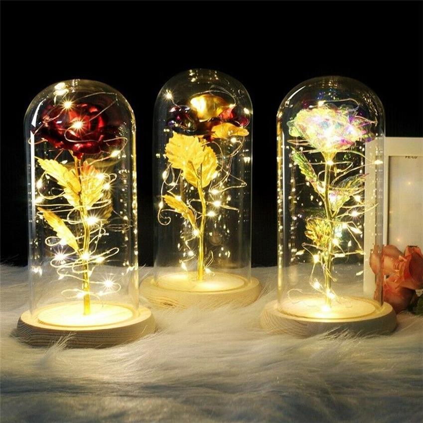 LED Galaxy Rose Flower Valentine's Day Gift Romantic Crystal Rose High Boron Glass Wood Base for Girlfriend Wife Party Decor287n