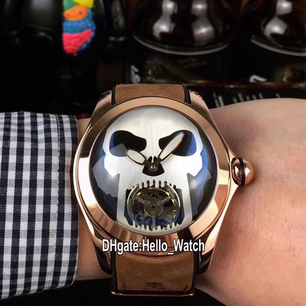 New Bubble Rose Gold Case L390 03694 Black Dial Silver Skull Tourbillon Automatic Mens Watch Brown Leather Strap Relógios Olá Wat314t