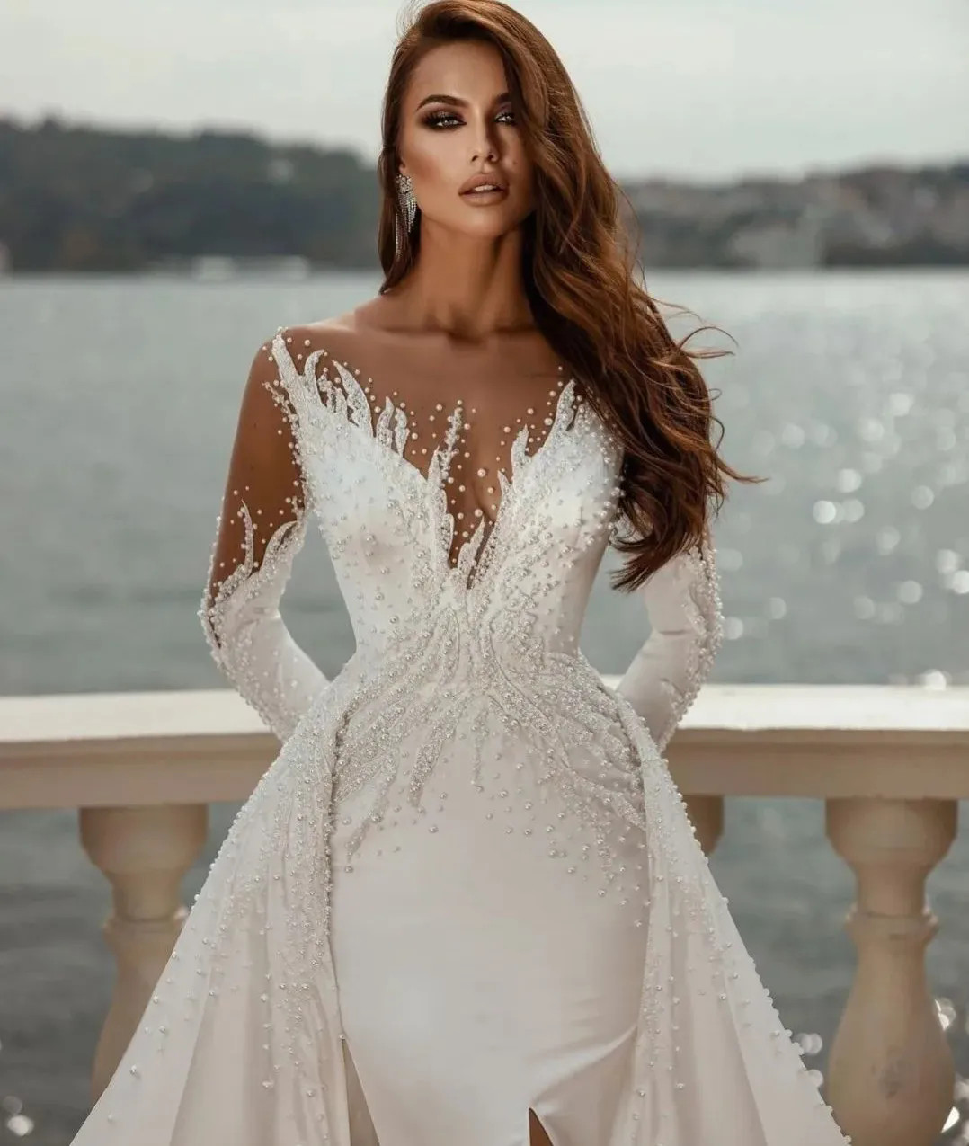 Arabic Dubai Pearls Wedding Dresses Mermaid Sheer Beading Bridal Gowns Custom Made Split Detachable Train Vestidos De Noiva YD