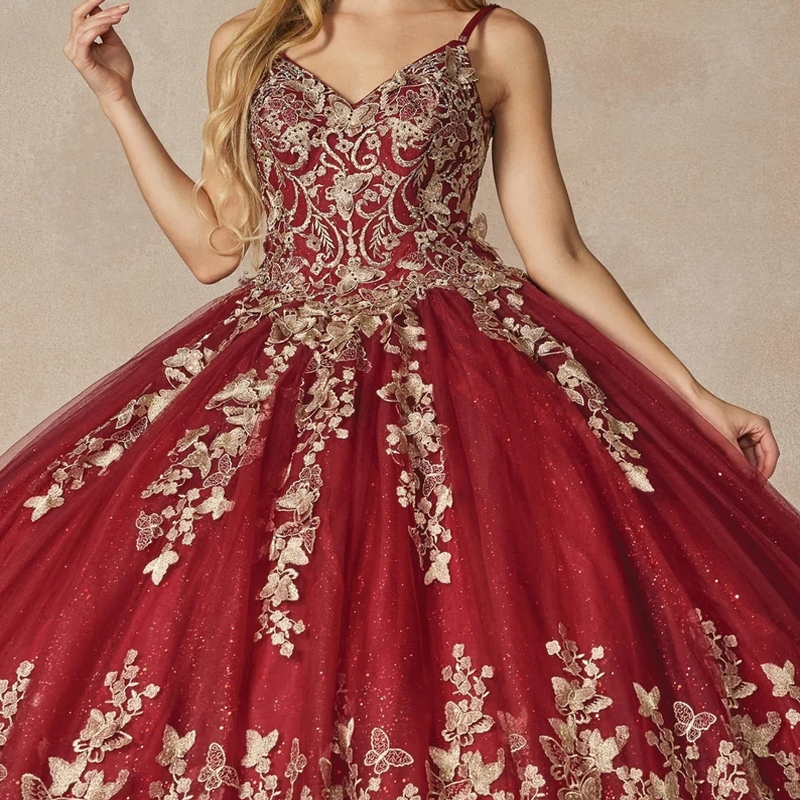 Robe de bal brillante bordeaux 16 ans robes de Quinceanera avec des appliques dorées perles d'arc princesse robes de soirée d'anniversaire robes de 15