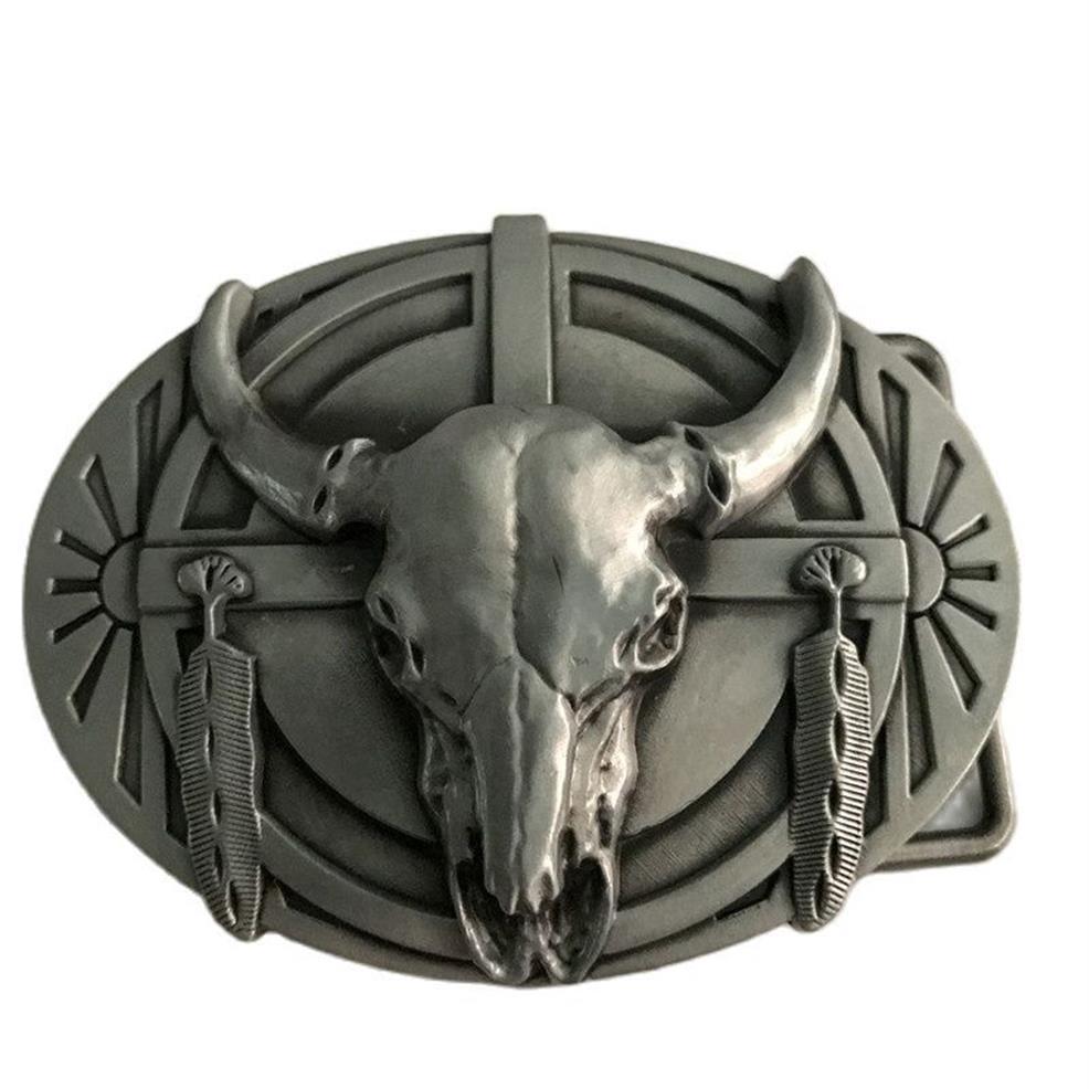 Silver Bull Head Feather Western Cowboy Belt Buckle Fit 4cm Wide Beal Belts Head Hebillas Cinturon2812