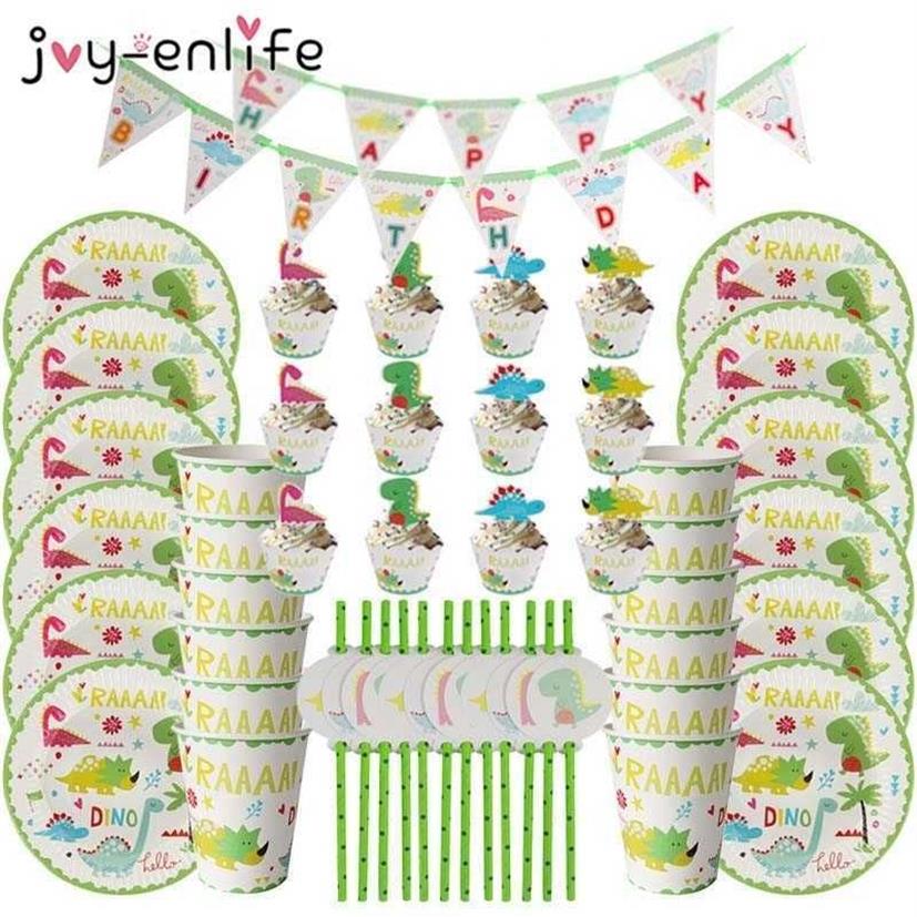 dinosaure thème fête vaisselle ensemble assiette en papier tasse serviette bannière Dino joyeux 1er anniversaire fête décoration pour enfants garçons 2010322q