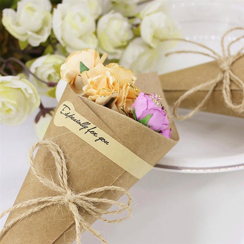 Behogar Retro Kraft Paper Cones Bouquet Candy Bags Boxes Wedding Party Gifts Packing with Ropes Label273S