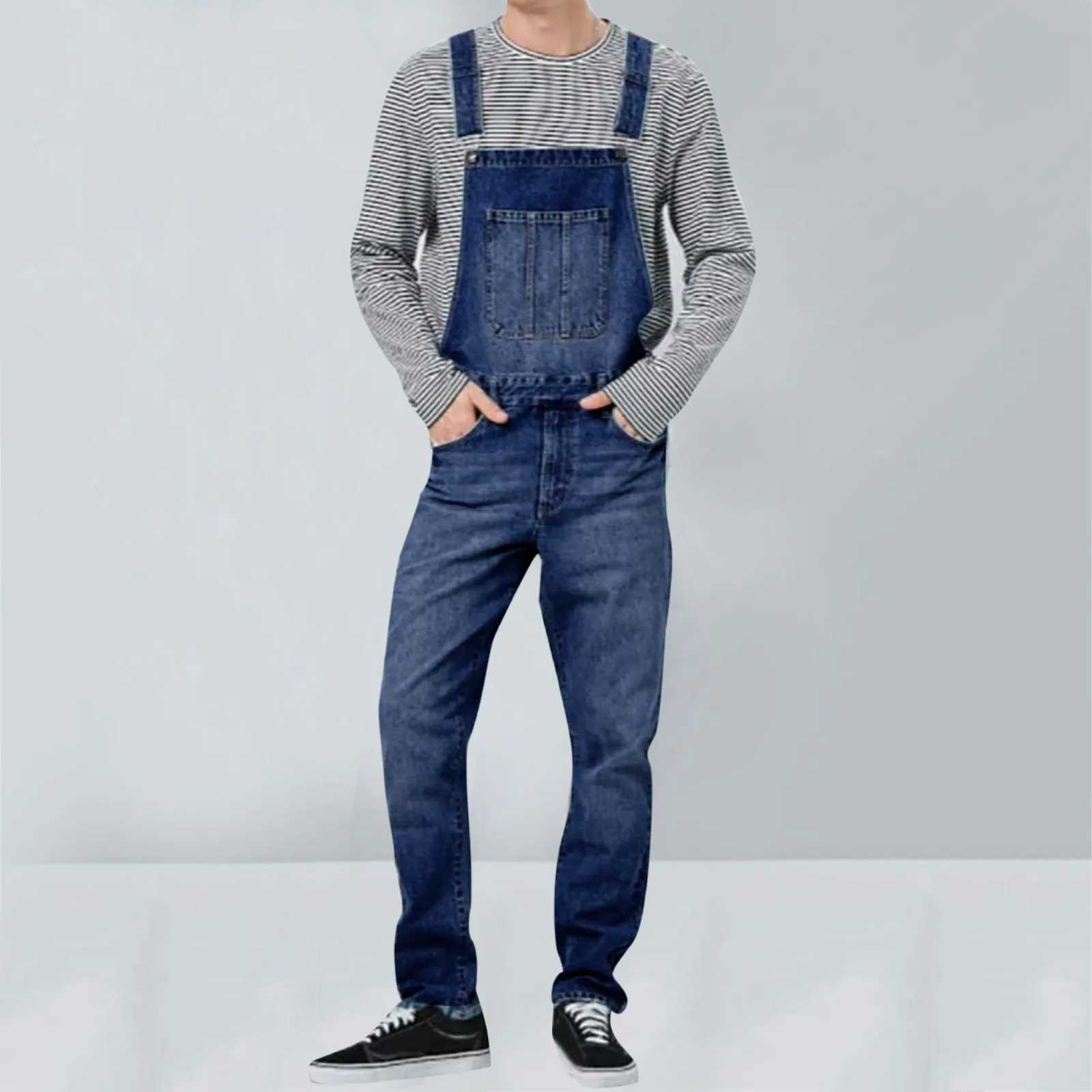 Herr jeans ny stil män baggy jeans spänningsbyxor mode multi-fickor lösa denim byxor jumpsuit haklapp byxor ficka övergripande s-5xll231213