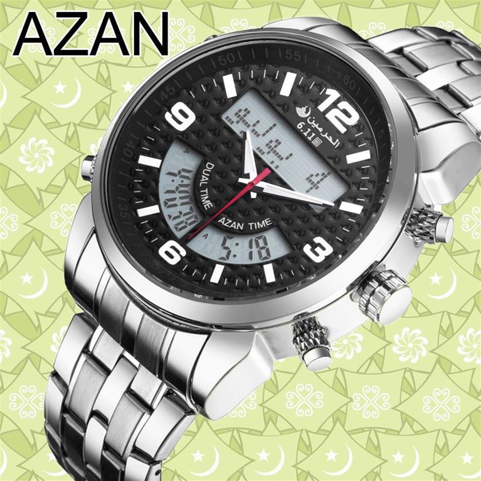 6 11 새로운 스테인레스 스틸 LED 디지털 듀얼 시간 Azan Watch 3 색 Y190521033006