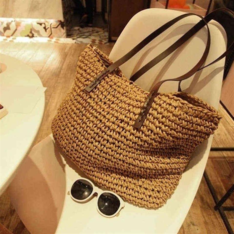 Frauen Sommer Strand Vintage handgefertigt gestrickt Stroh Rattan Tasche Große Umhängetaschen Boho gewebte Handtasche Tasche Bolso Playa G220210227a