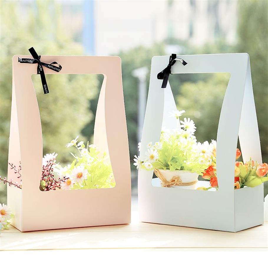 Blomma korg papper kartong 5st bärbara blommor förpackning box vattentät blomsterhandlare färsk blomma bärväska i grön svart rosa217k