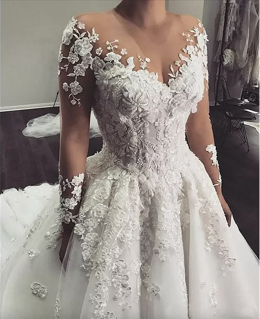 Abiti da sposa a maniche lunghe Abito da sposa Una linea di perline Cristalli Gioiello Collo trasparente 3D Applique floreale in pizzo Tulle Sweep Train Beach Country Abiti da sposa 2023