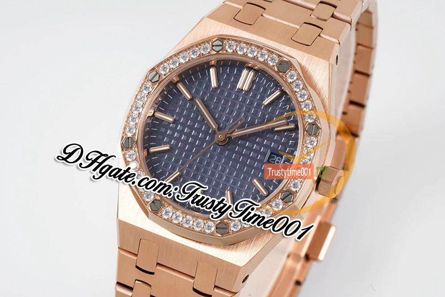 BFF 34mm 77451 A5800 Automatic Ladies Watch 50th Anniversary Diamonds Bezel Rose Gold Blue Textured Dial Stainless Bracelet Super Edition trustytime001Watches