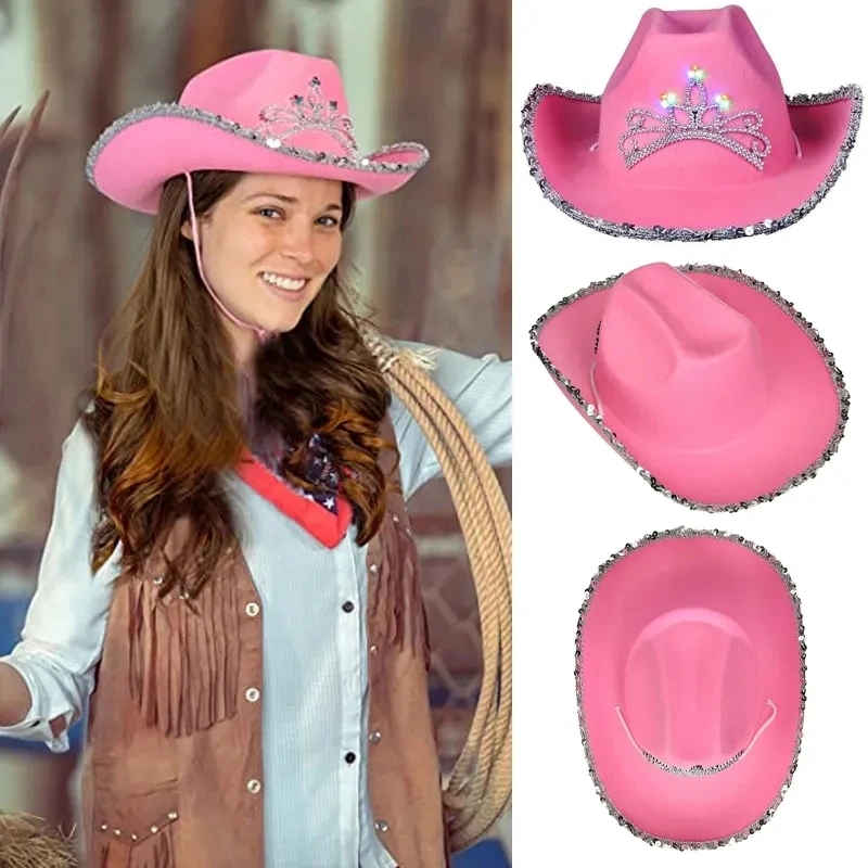 Roze Cowgirlhoed Roze Cowboyhoed voor feestjes Verlichte Cowgirl Verjaardagsfeestje Hoed Verstelbare String