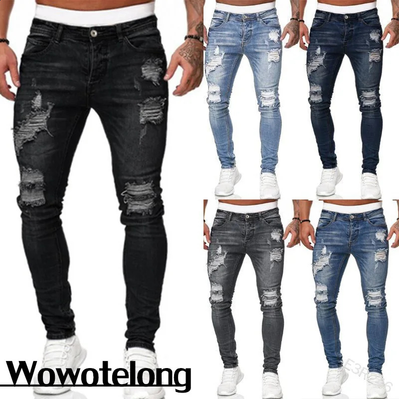 Pantalon pour hommes 2023 Blanc Broderie Skinny Ripped Jeans Hommes Coton Stretch Slim Fit Hip Hop Denim Casual pour Pantalon de jogging 231214