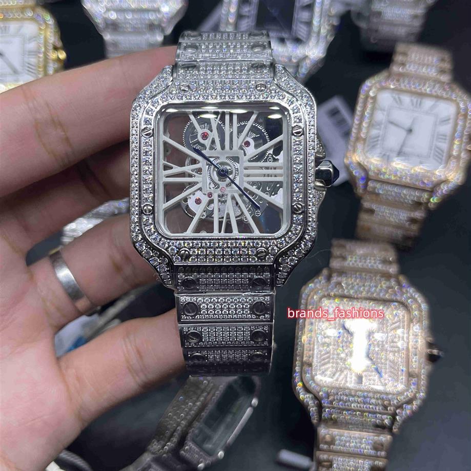 Montre à diamants glacés pour hommes, squelette, cadran transparent, argent, boîte en acier inoxydable, mouvement à quartz, 246Q