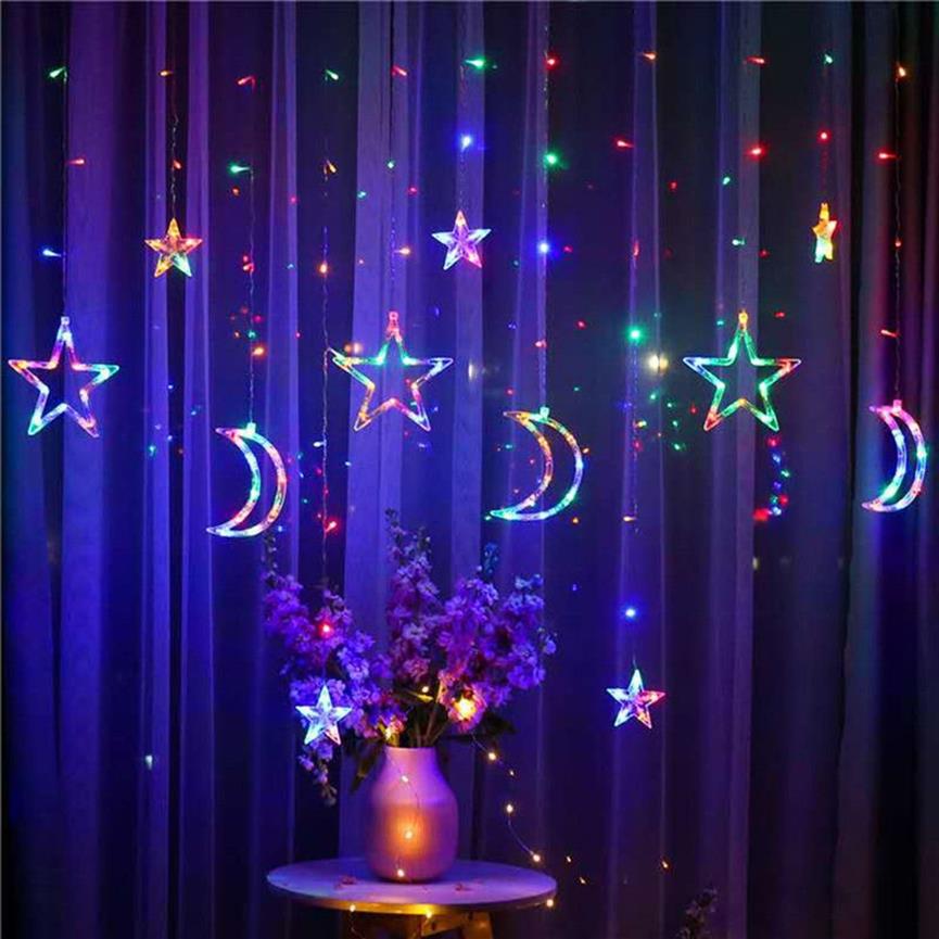 3 5M 138leds Étoile Lune Led Rideau Guirlande Lumineuse Noël Ramadan Guirlande Lumières Éclairage De Vacances Romantique Pour La Fête De Mariage Decor222Y