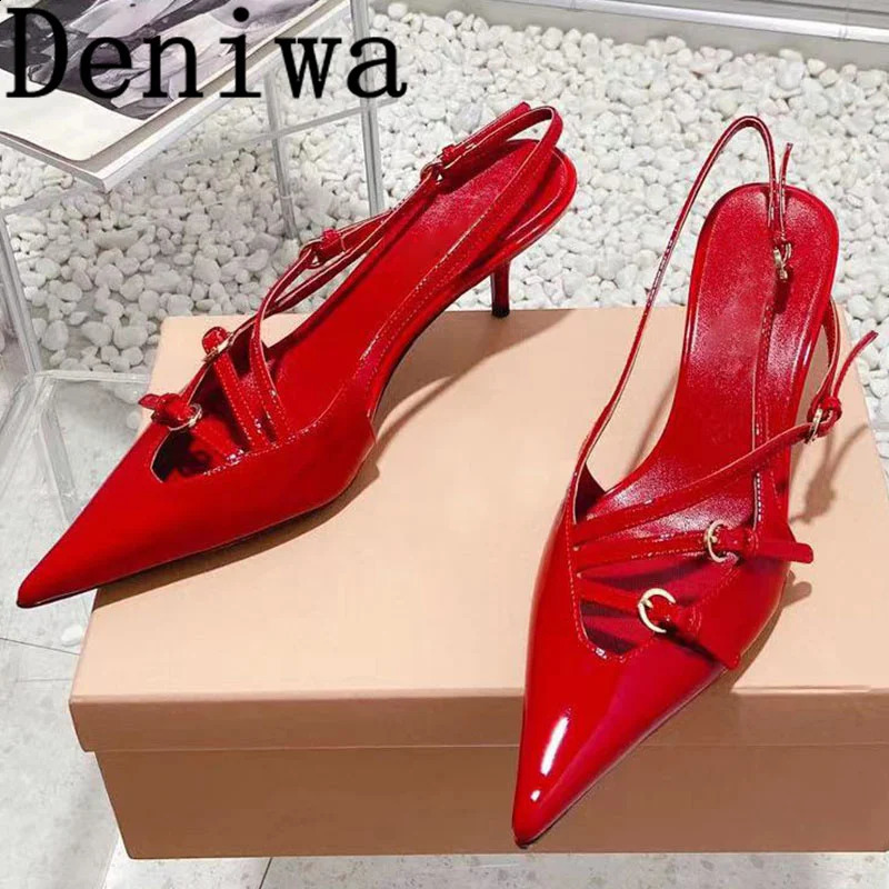 Kleid Schuhe Sexy Frauen High Heel Sandalen Runway Designer Rot Patent Leder Kätzchen Weibliche Außerhalb Sommer Party Mode 231214