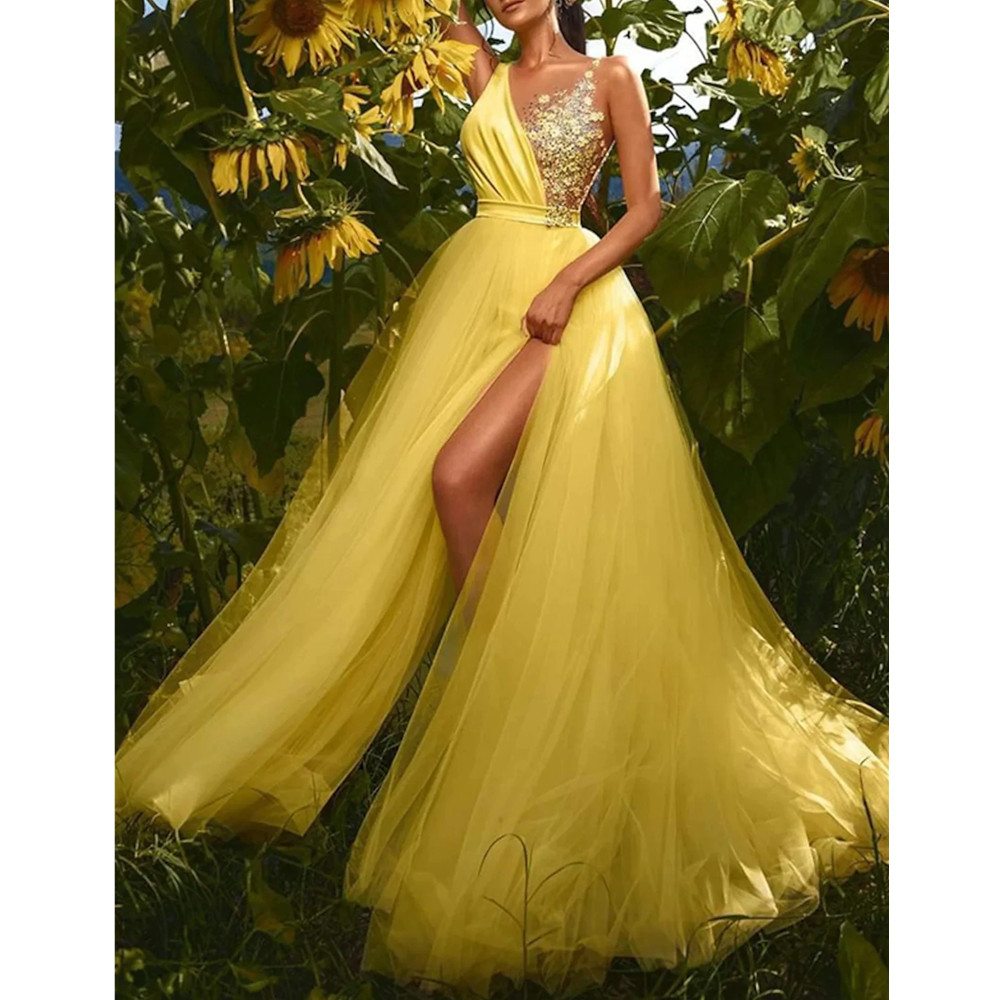Sexy Daffodil A-line Prom Dress Senza maniche Scollo a V Fiori Tulle Abiti da sera formali di fidanzamento Arabo Dubai Robe De Soiree
