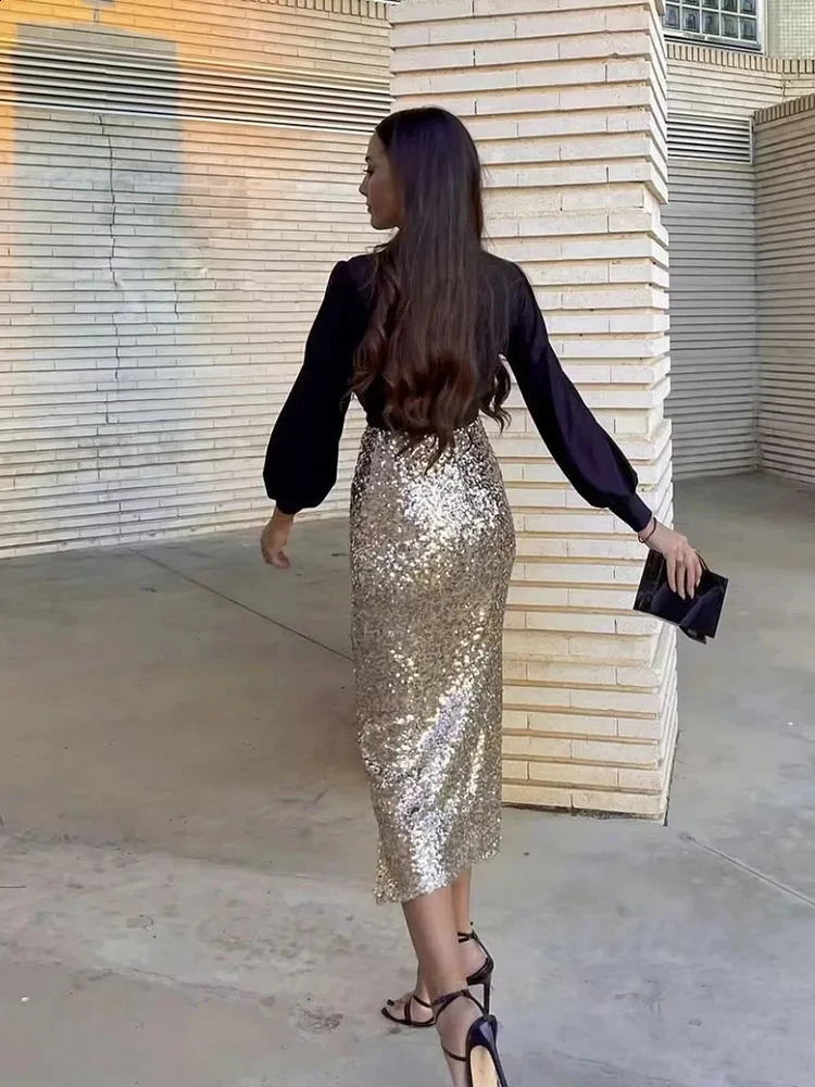 Vêtements ethniques Champagne Sequin Métallique Irrégulière Split Midi Jupe Taille Haute Soirée Élégante Longue 2023 Femmes Mode Une Ligne Party Wear 231214