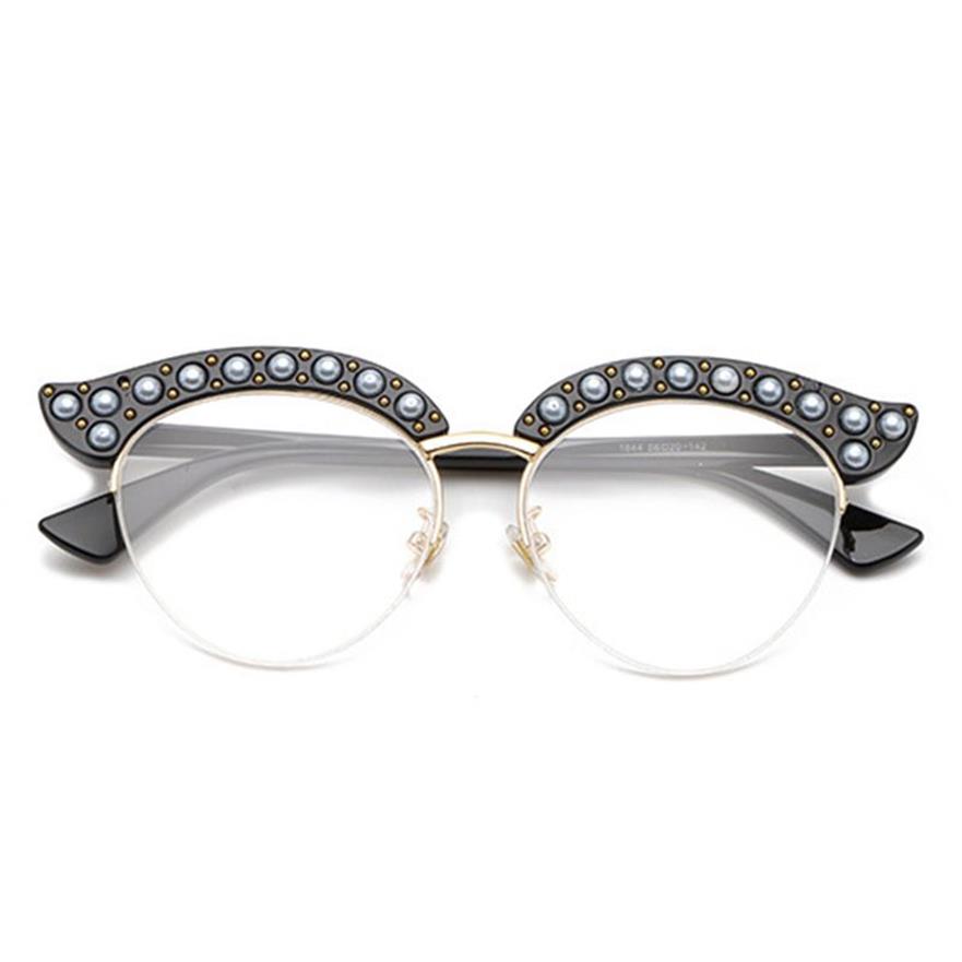 Cubojue Cat Eye Pearl Women Okulary przezroczyste soczewki przezroczyste modne okulary okulary Kobieta pół ramy spektakles Panie Panie 238m