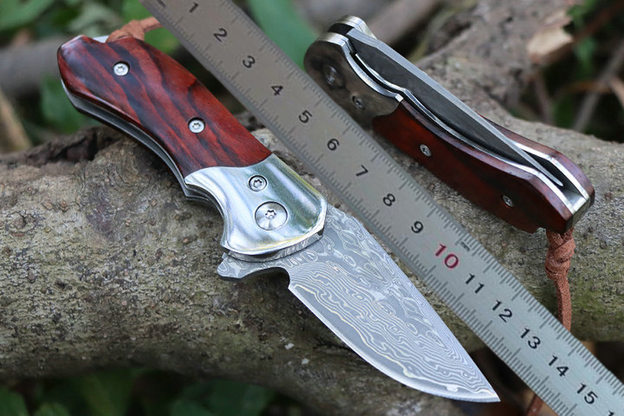 Specialerbjudande M7695 Flipper Folding Knife VG10 Damascus Steel Blade CNC Finish Rosewood With Steel Sheet Handle Ball Bearing Fast Open EDC Pocket Knives